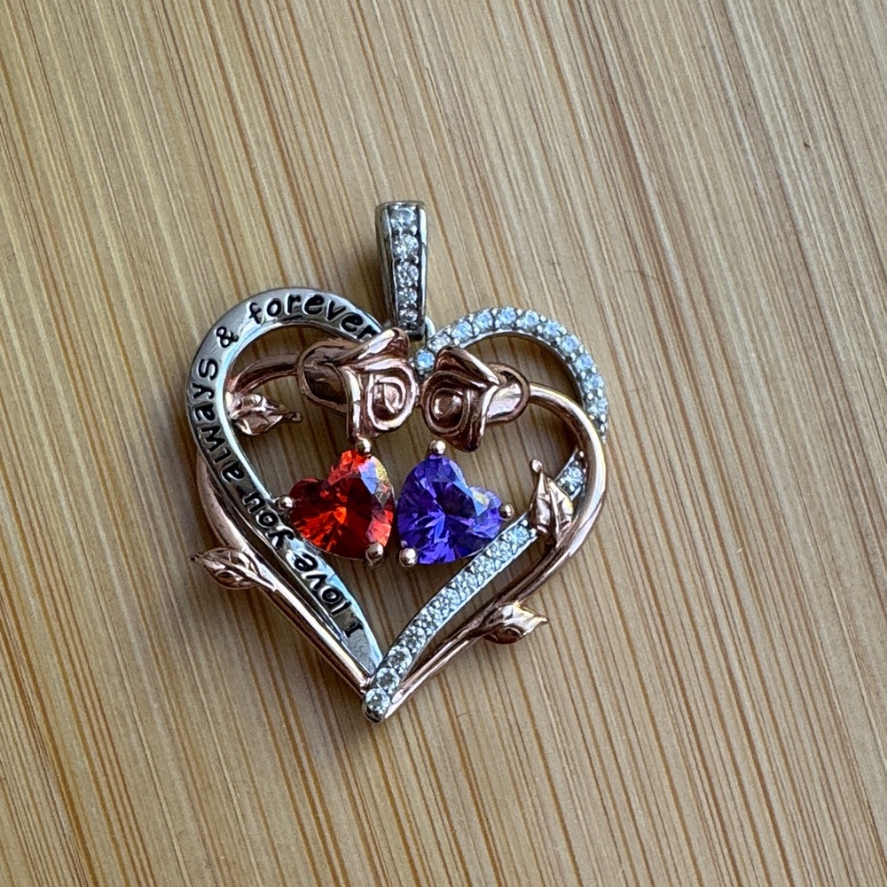 Rose Gold Heart Pendant with Red and Purple Crystals